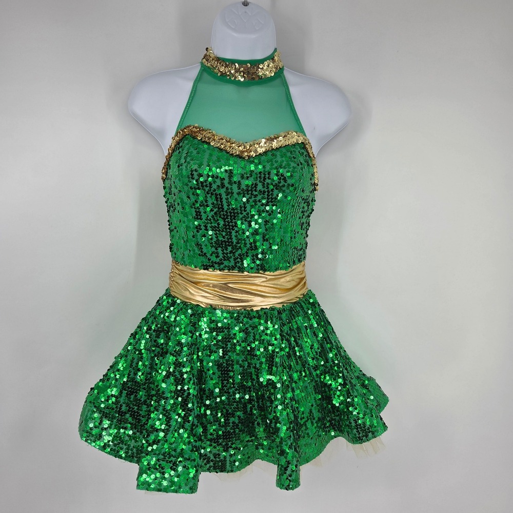 Weissman Green Gold Sequin Dance Costume Halter Strappy Back LC Performance